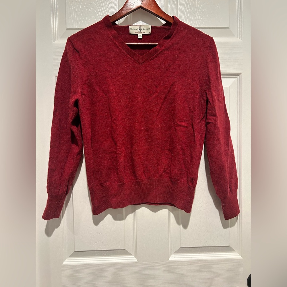 Fairway & Greene Men's Med Red Italian Merino Wool V-Neck Long Sleeve Sweater